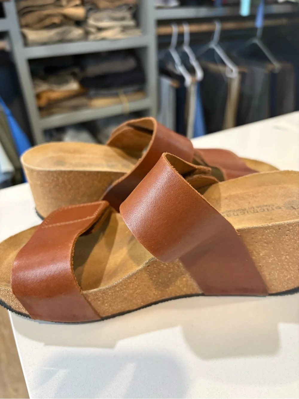 Eric Michael Tan Leather Double-Strap Slide Sandals for Women